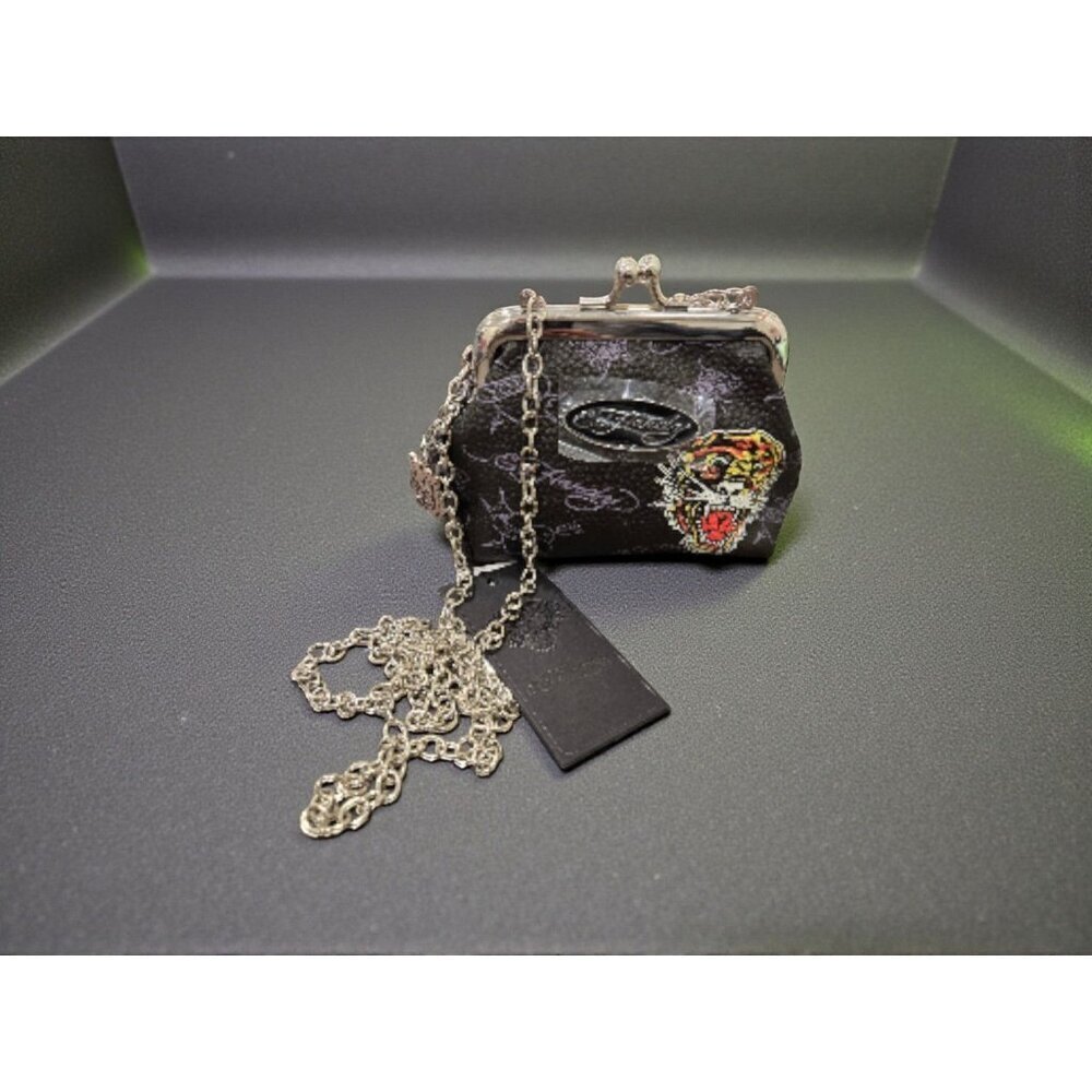 New Black ED HARDY Tiger Mini Crossbody Chain Kiss Lock Coin Purse Charms Bag